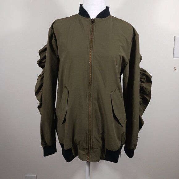 Gianni Bini Dark Khaki Jacket W/Ruffled Back & Sleeves, Size Medium, Utility - Picture 4 of 16